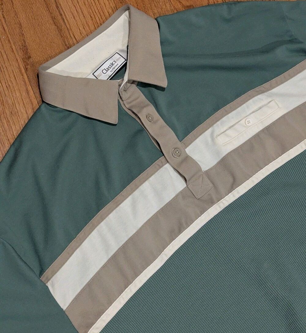 Vintage 80s/90s Green Tan White Striped Polo Shirt Classics By Palmland‎ XXL